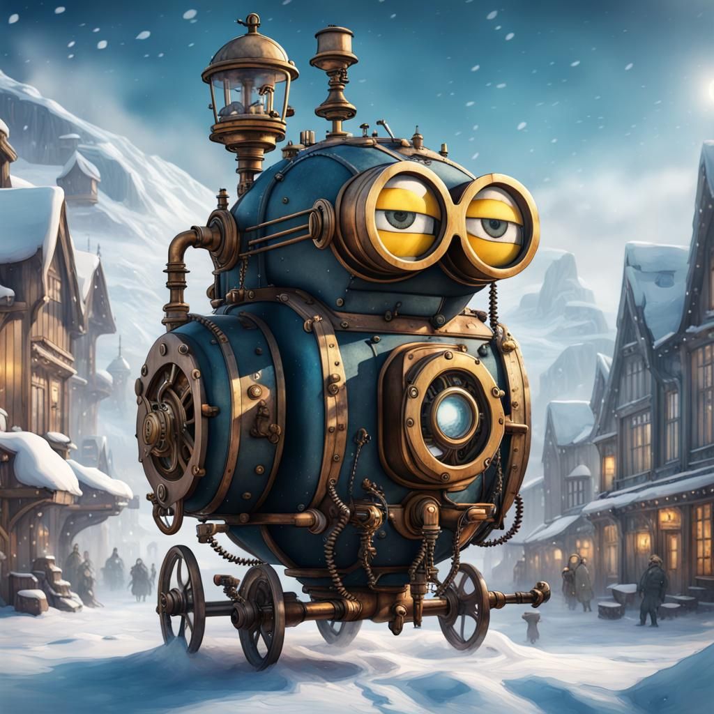 Steampunk Minion in Winter Wonderland: Watercolor Art