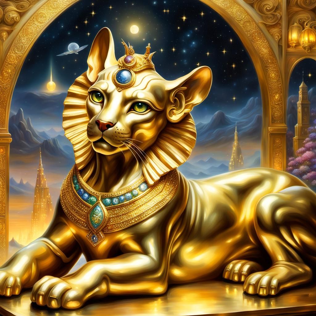 Golden Sphinx in Ethereal Fantasy Landscape