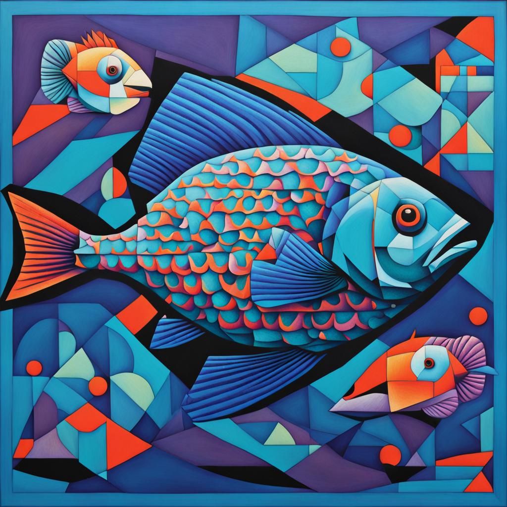 Geometric Fish in Cubist Style Aquatic Scene