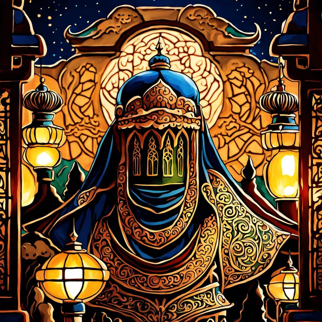 Arabic and Japanese Temple at Night in Oil Painting