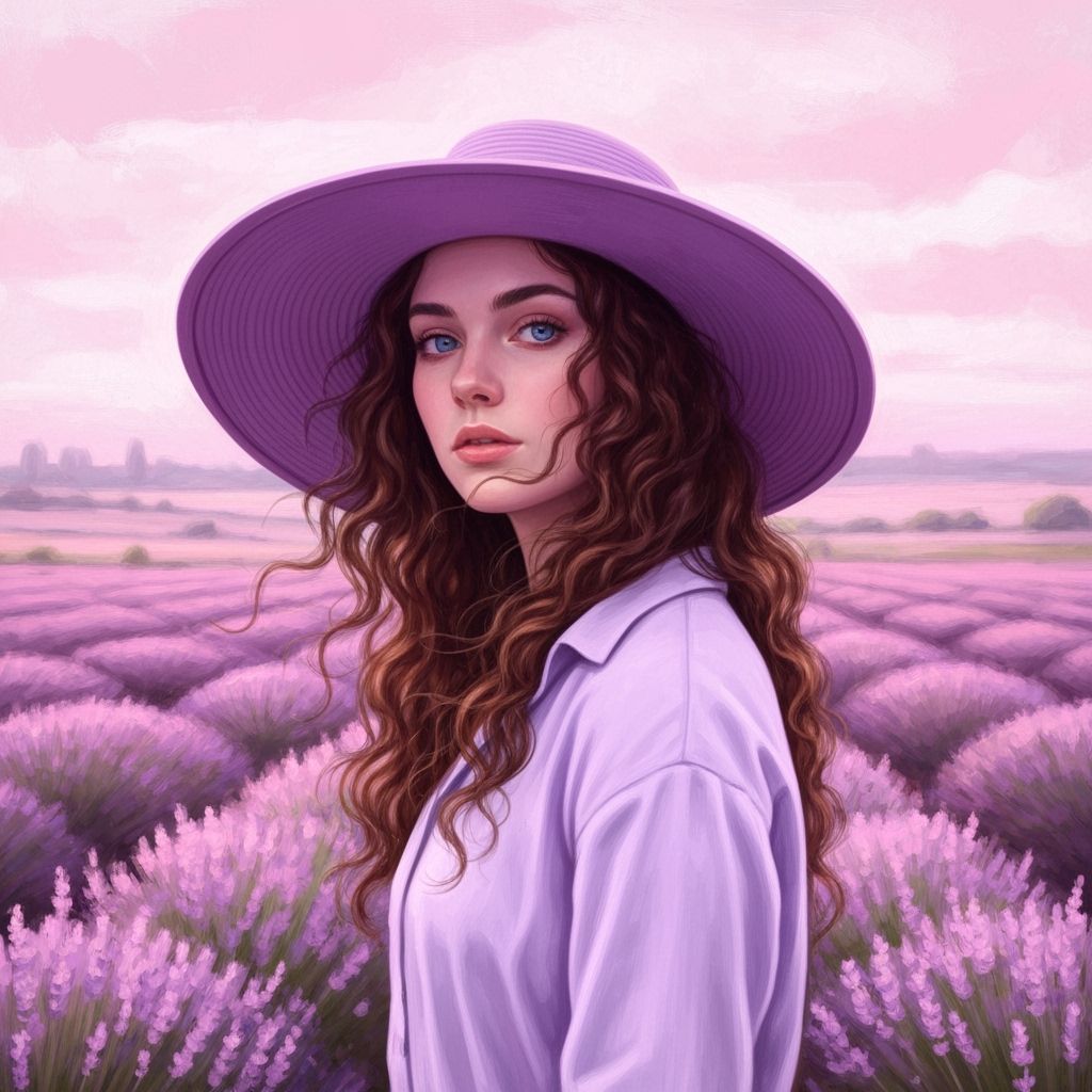 Woman in Lilac Hat Among Lavender Fields as Matte Painting