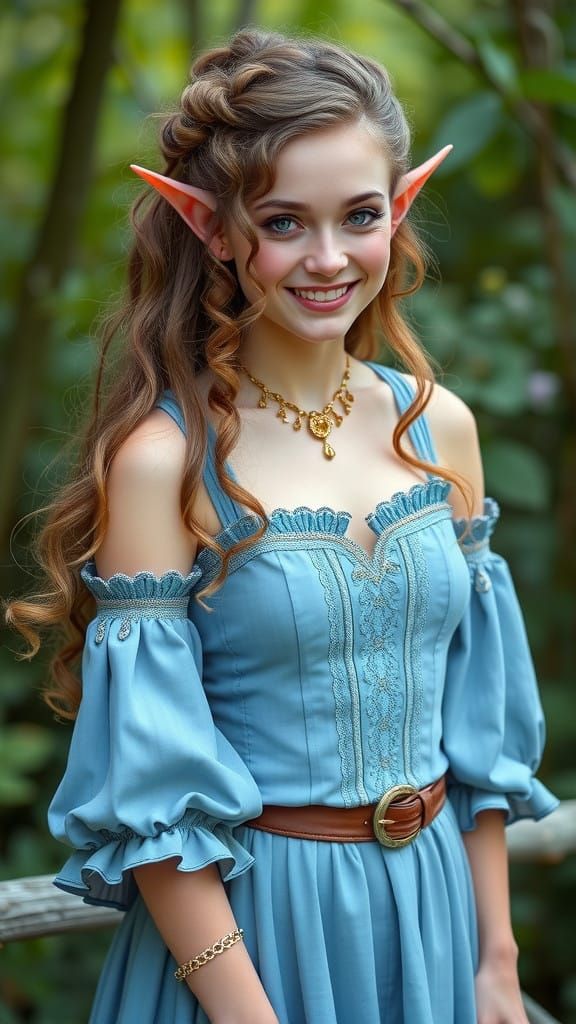 Female elf from the modern era with pale skin and smiling with a beautiful face and long curly hair and wearing a cornfl...