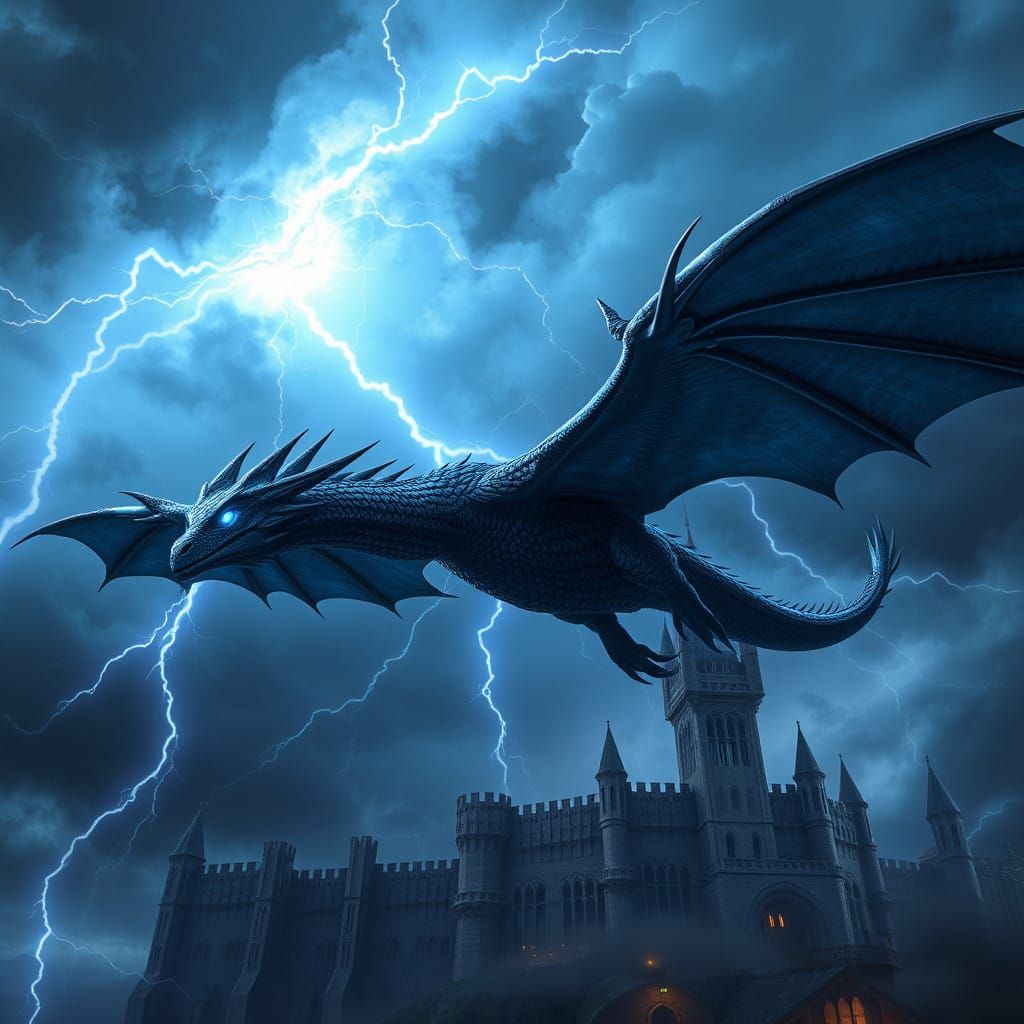 Dark Fantasy Wyvern Unleashes Lightning Bolt in Turbulent Ni...