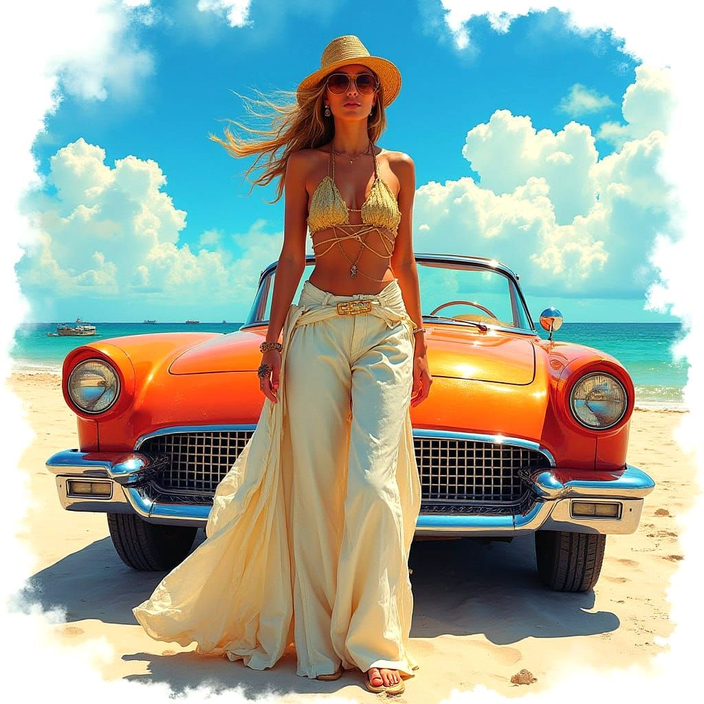 Boho Chic Woman in Miami Beach, Alcohol Ink Art