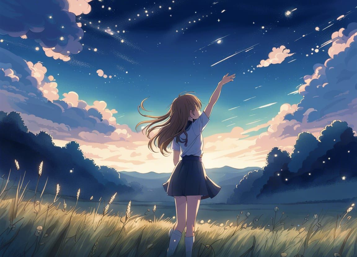 Anime Girl Reaching for Stars in Meadow