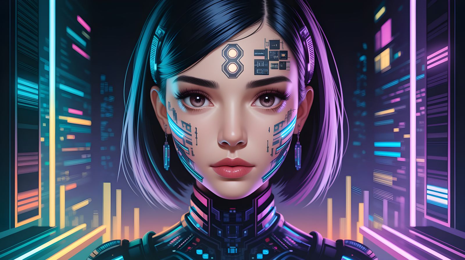 Ultra-Detailed 8-Bit Anime Cyberpunk Woman in Vibrant Triadi...