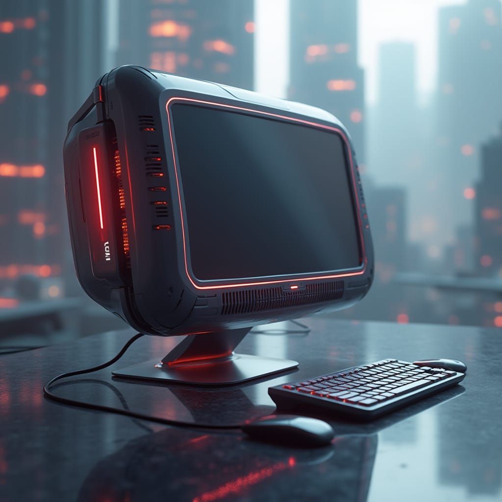 Sleek Futuristic Computer in Neon-Lit Minimalist Setting