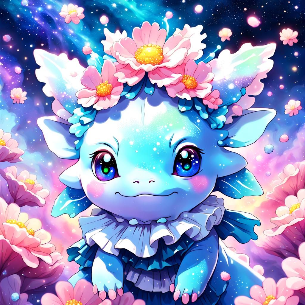 Galactic Axolotl in Space with Floral Frills