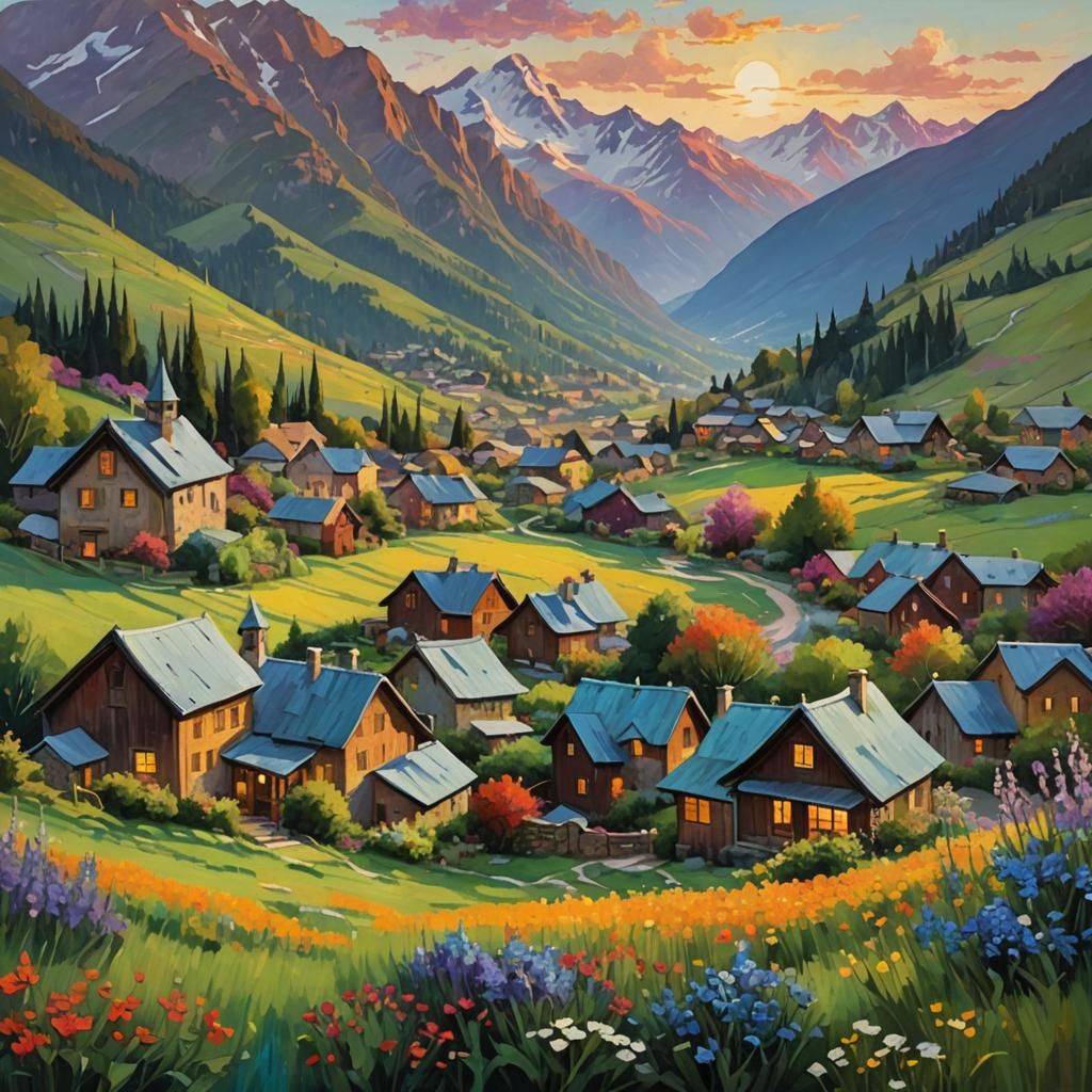 Mountain Village Sunrise in Impressionist Style