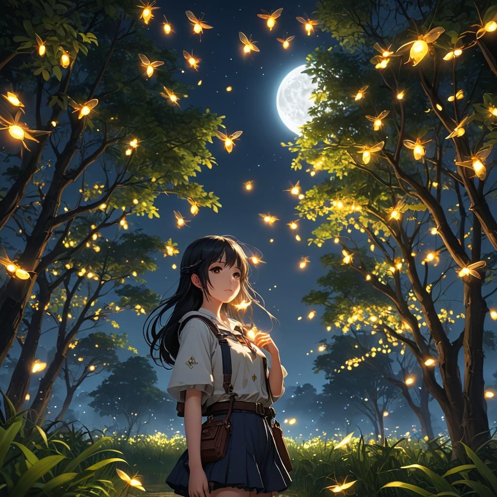 Fireflies Glow on Moonlit Night: Anime Style