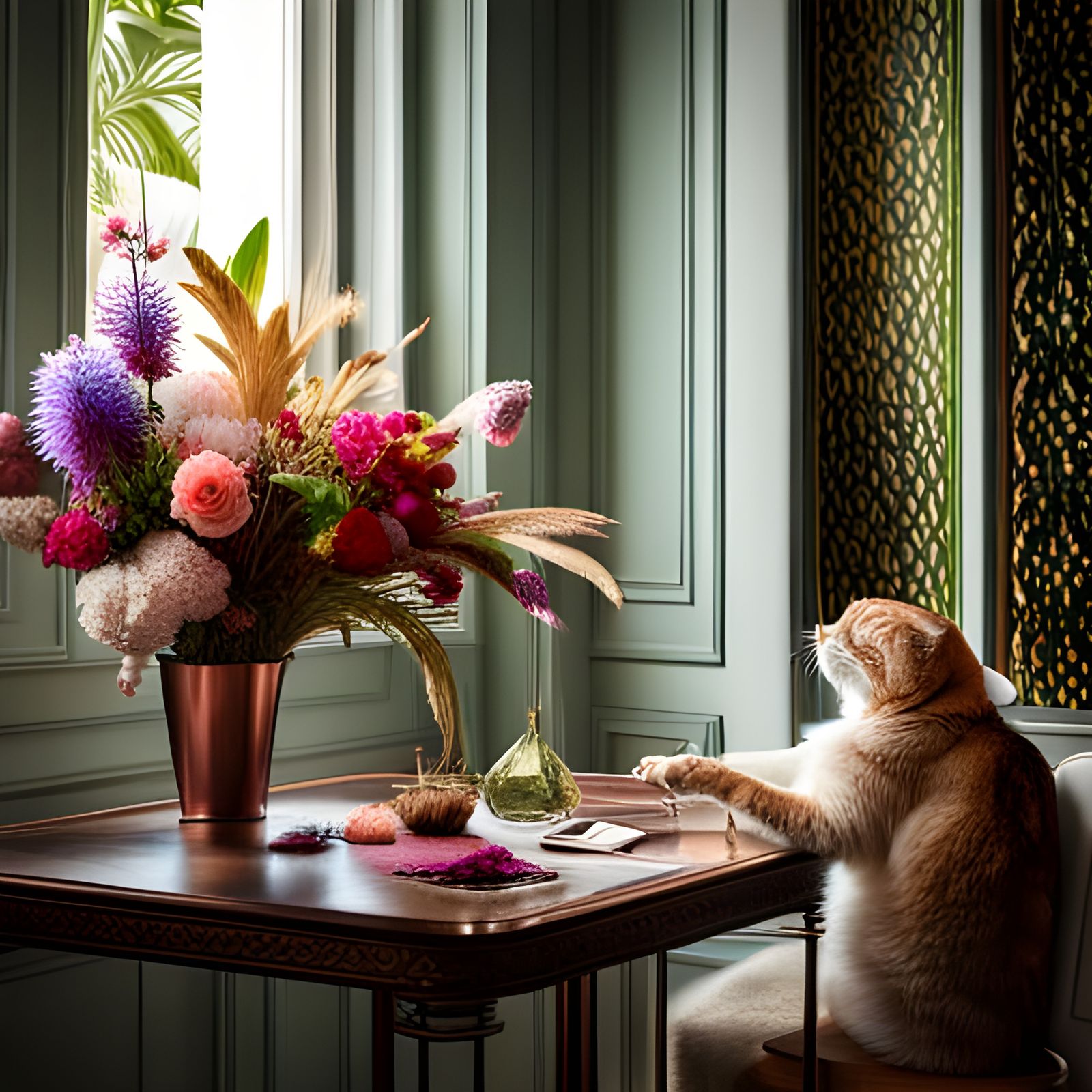 Cat Smelling Exotic Flowers in Photorealistic Style