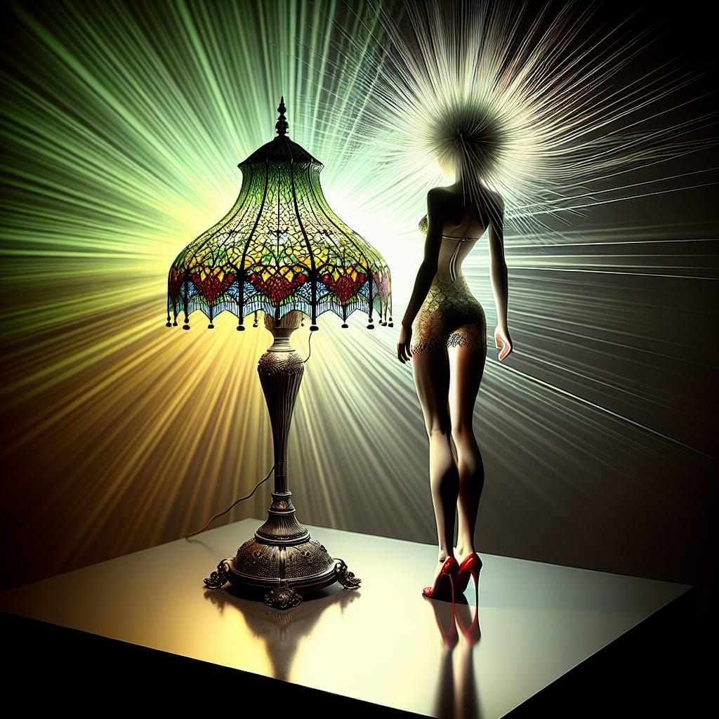 Radiant Gothic Woman with Tiffany-Style Lamp