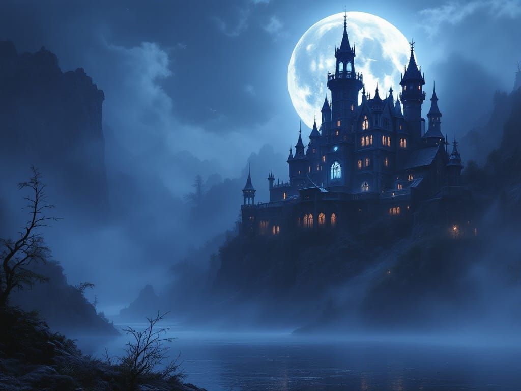 Ethereal Gothic Mansion Under Moonlight
