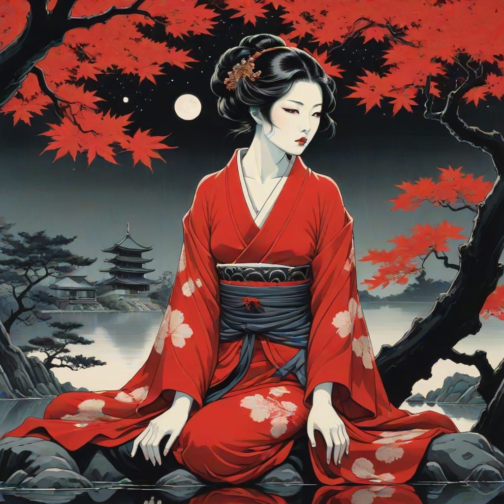 Samurai Warrior Under Crimson Moonlight, Japanese Maple Silh...