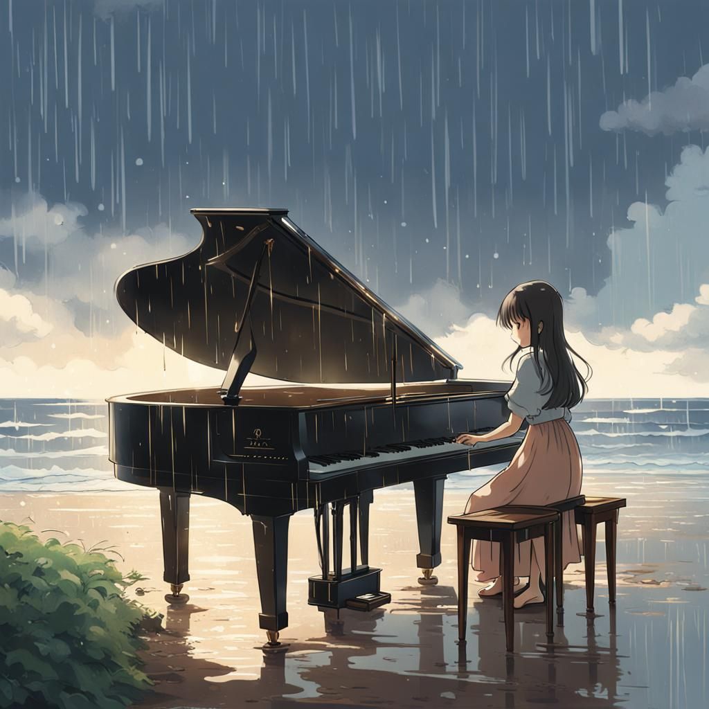 Girl Plays Piano on Rainy Beach: Anime Key Visual