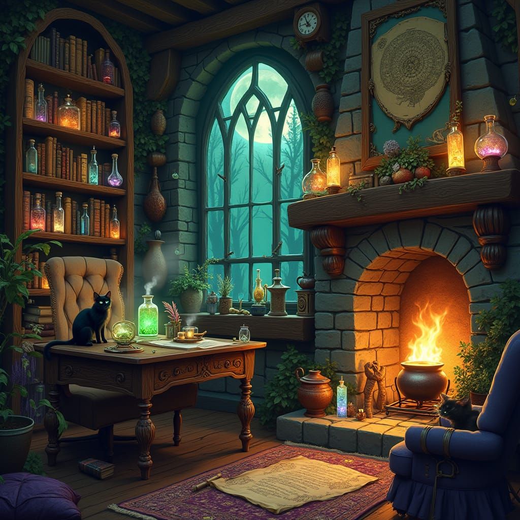 Cozy Wizard's Study with Enchanting Details and Magical Ener...