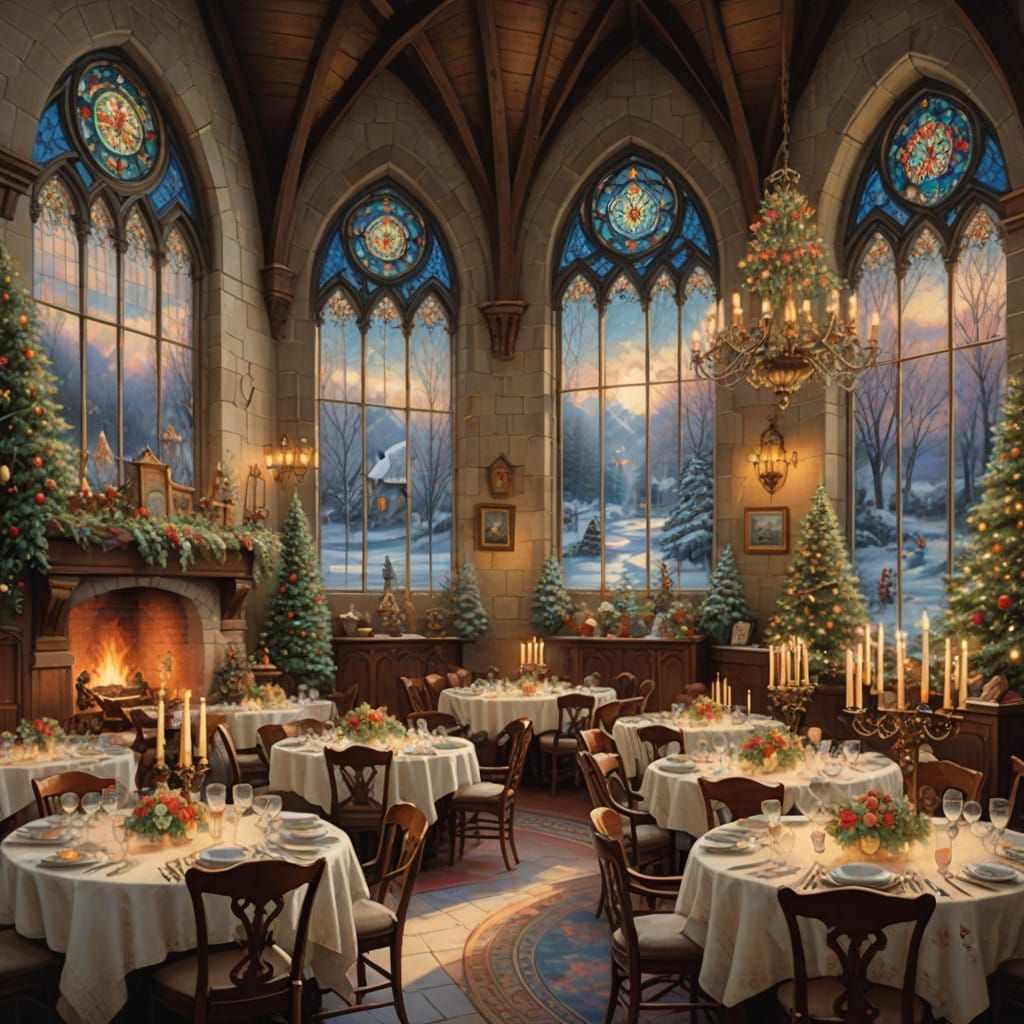 Whimsical Christmas Dinner Scene in Golden Gouache