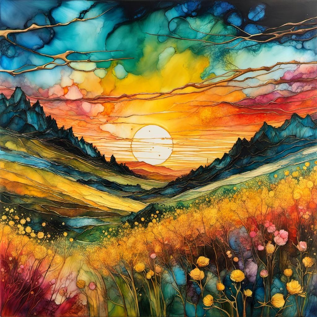 Spring Landscape with Chaotic Sunset in Encaustic Style