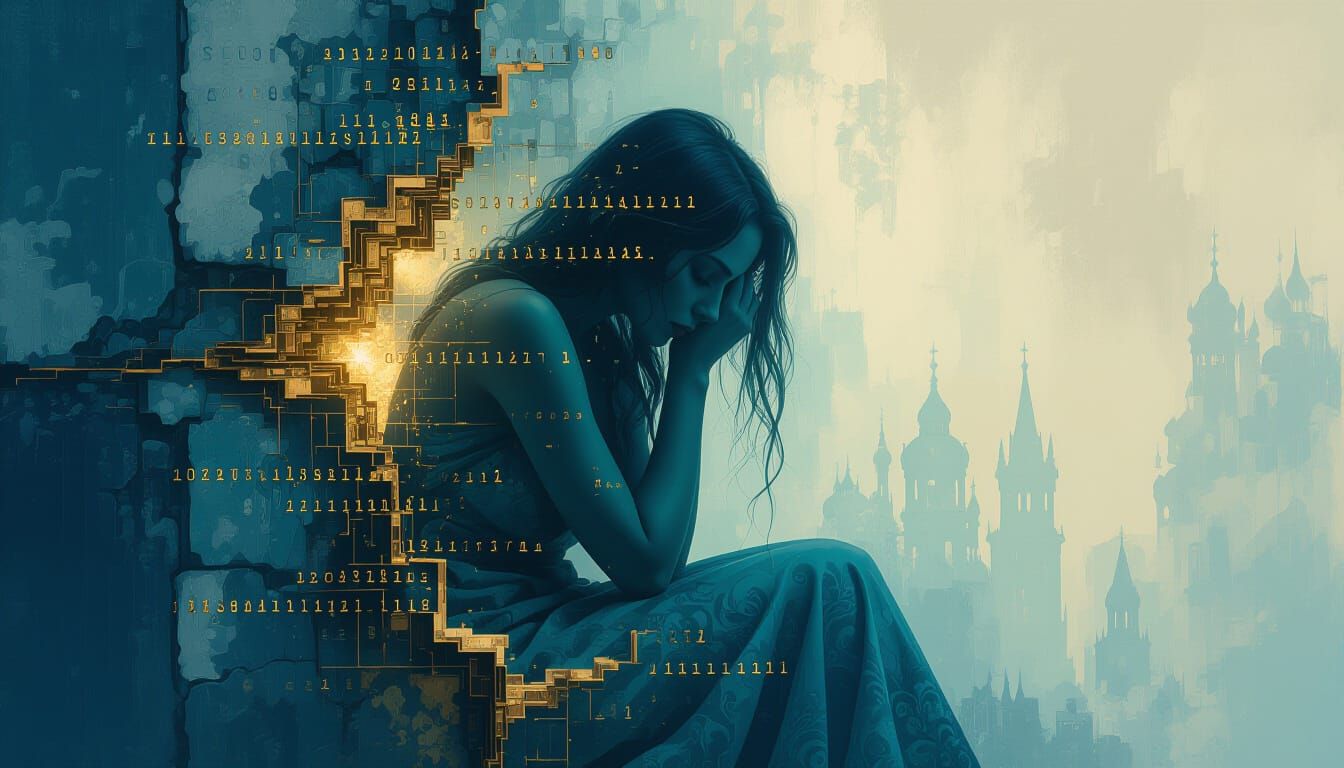 Melancholic Figure Dissolving into Wall, Byzantine Industria...