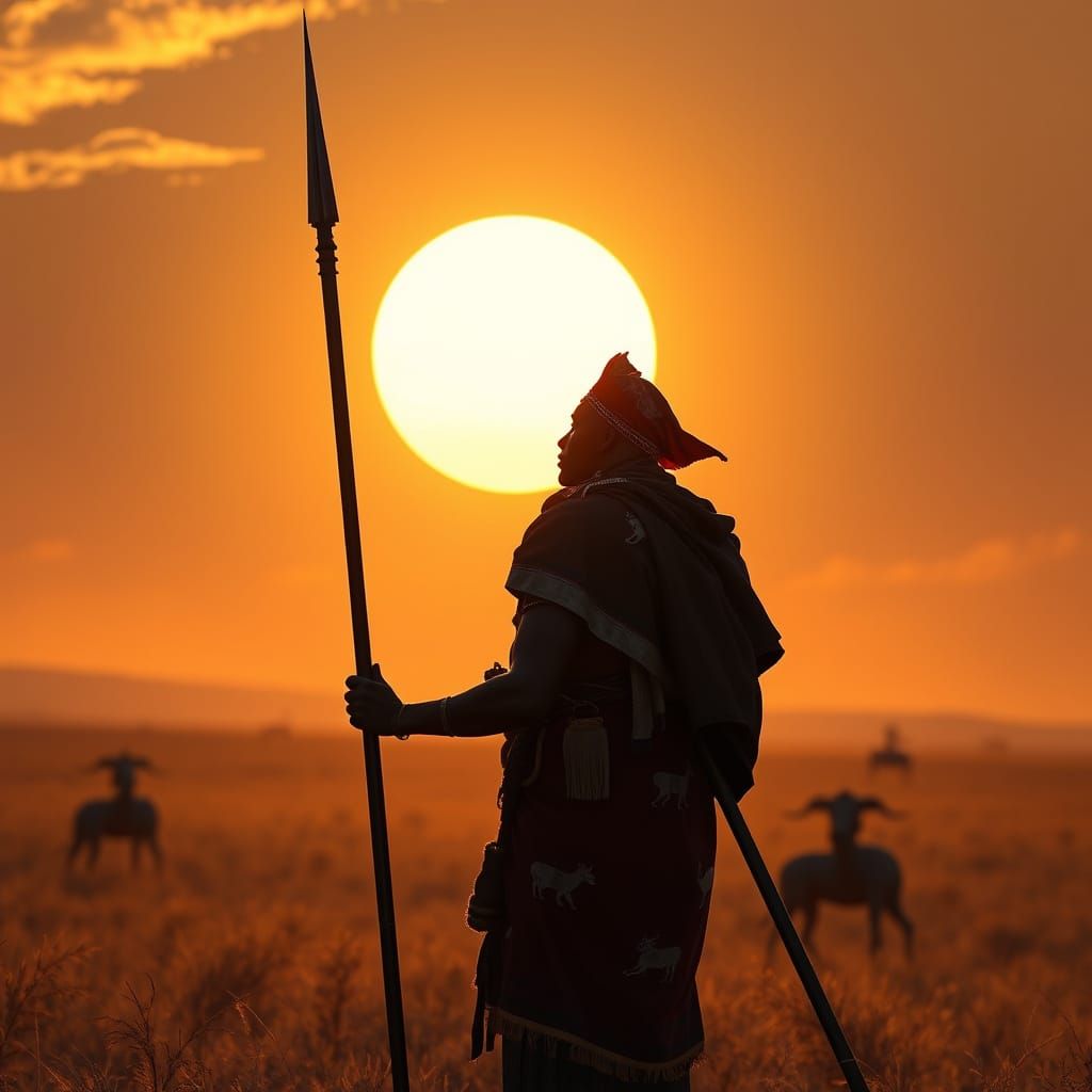 Maasai Warrior Tracks Prey Under Golden Sunset in African Sa...