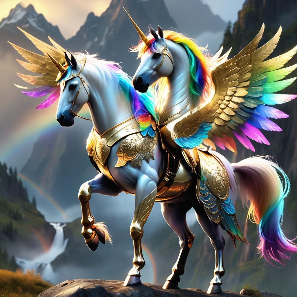 Rainbow Unicorn in Gold Armor, Fantasy Realism