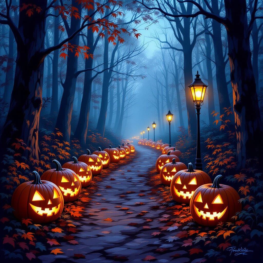 Magical Halloween Forest Trail with Landmark Jack-o'-lantern...
