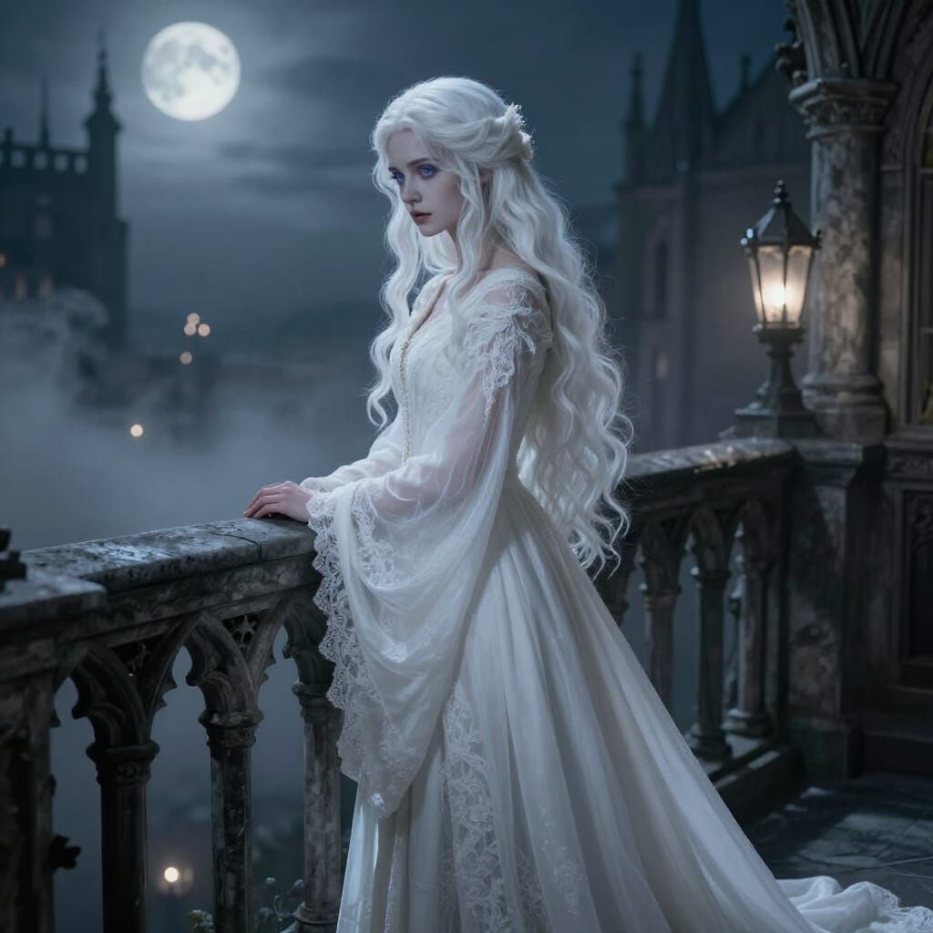 Gothic Woman on Balcony in Moonlight
