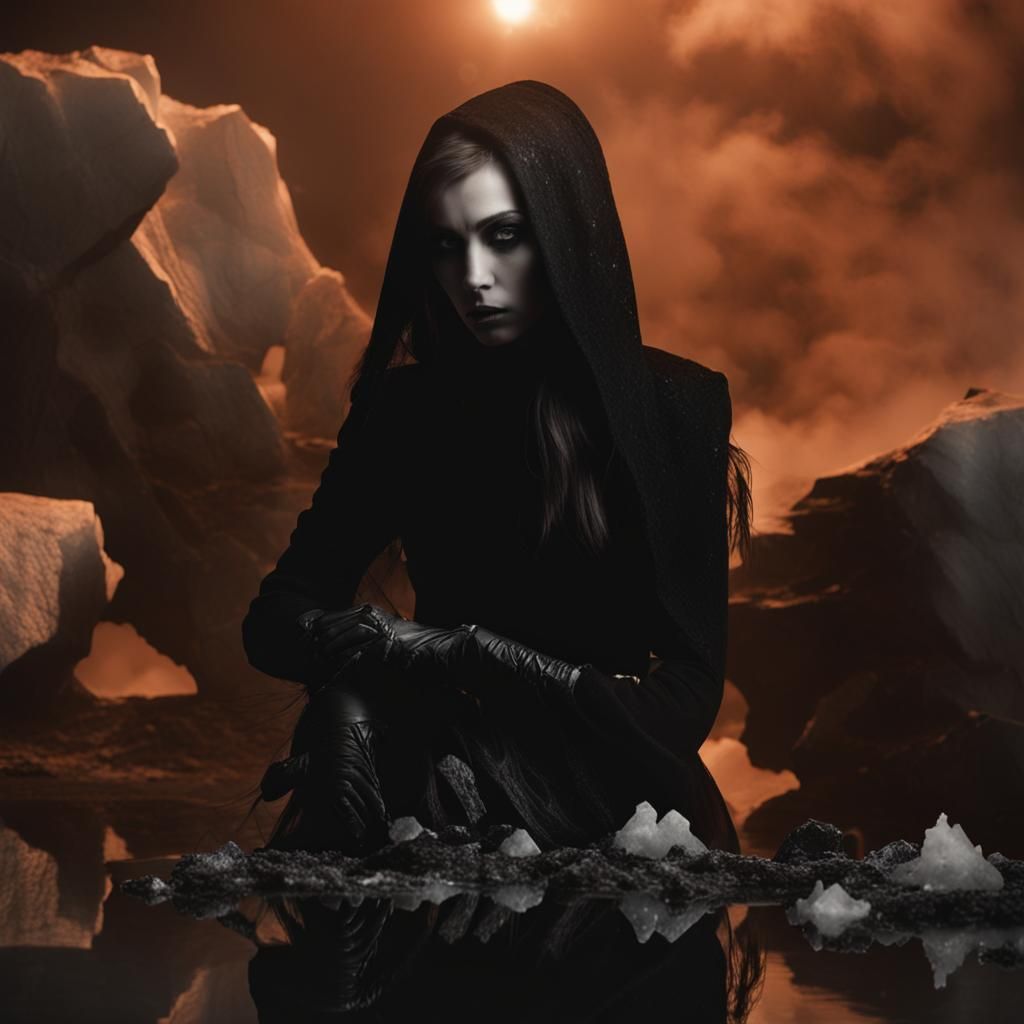 Gothic Model in Icy Landscape, Black and White Photography