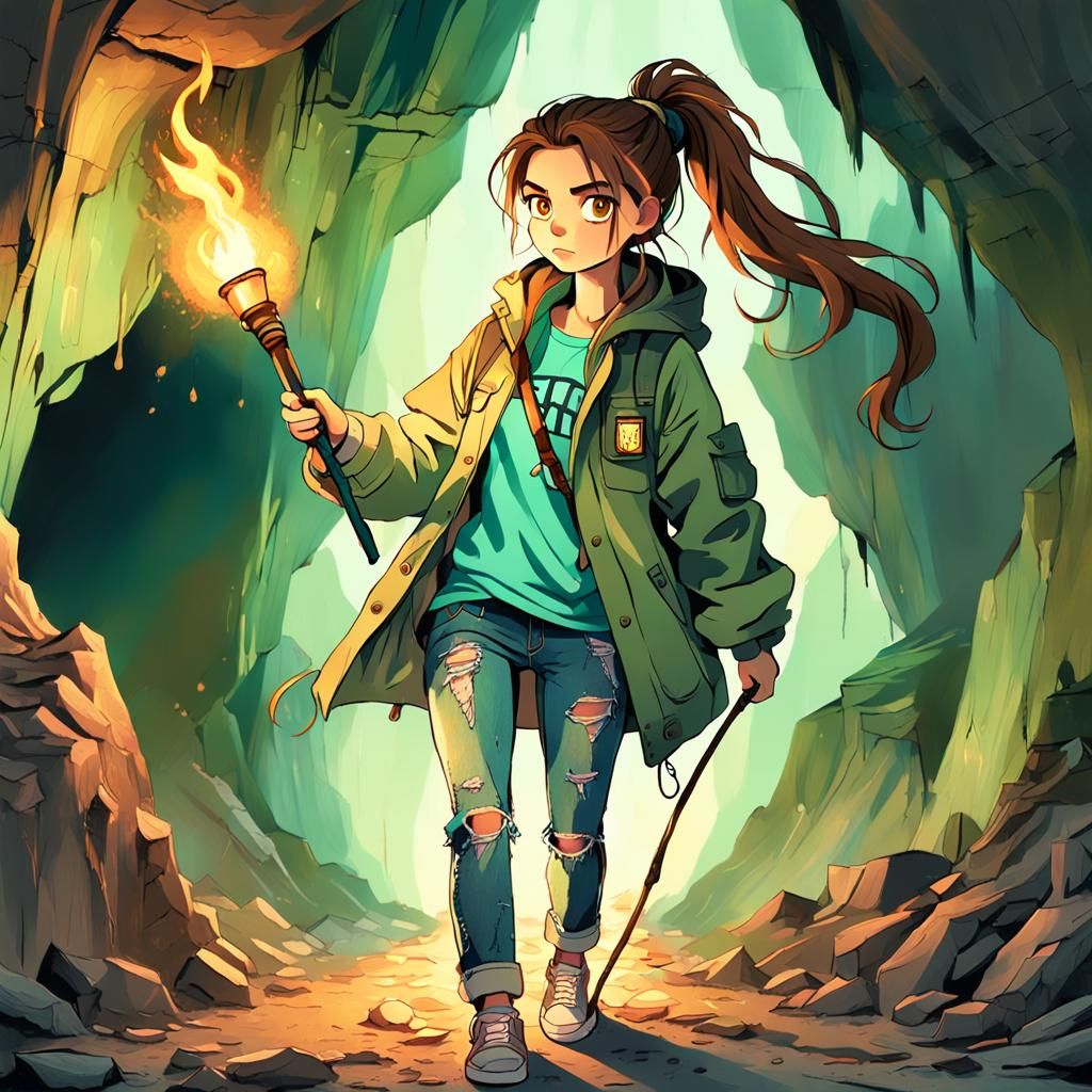 Woman with Torch in Cavern: Acrylic Art