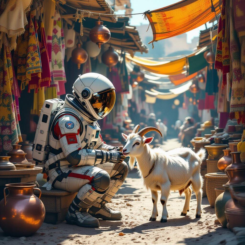 Astronaut's Goat Milking Mishap in Ancient Marketplace