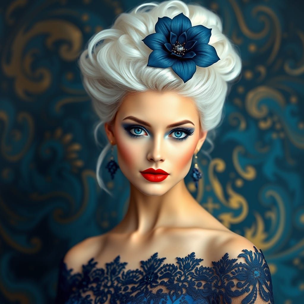 Elegant Lady in Navy Blue Lace, Snow-White Hair and Blue Eye...