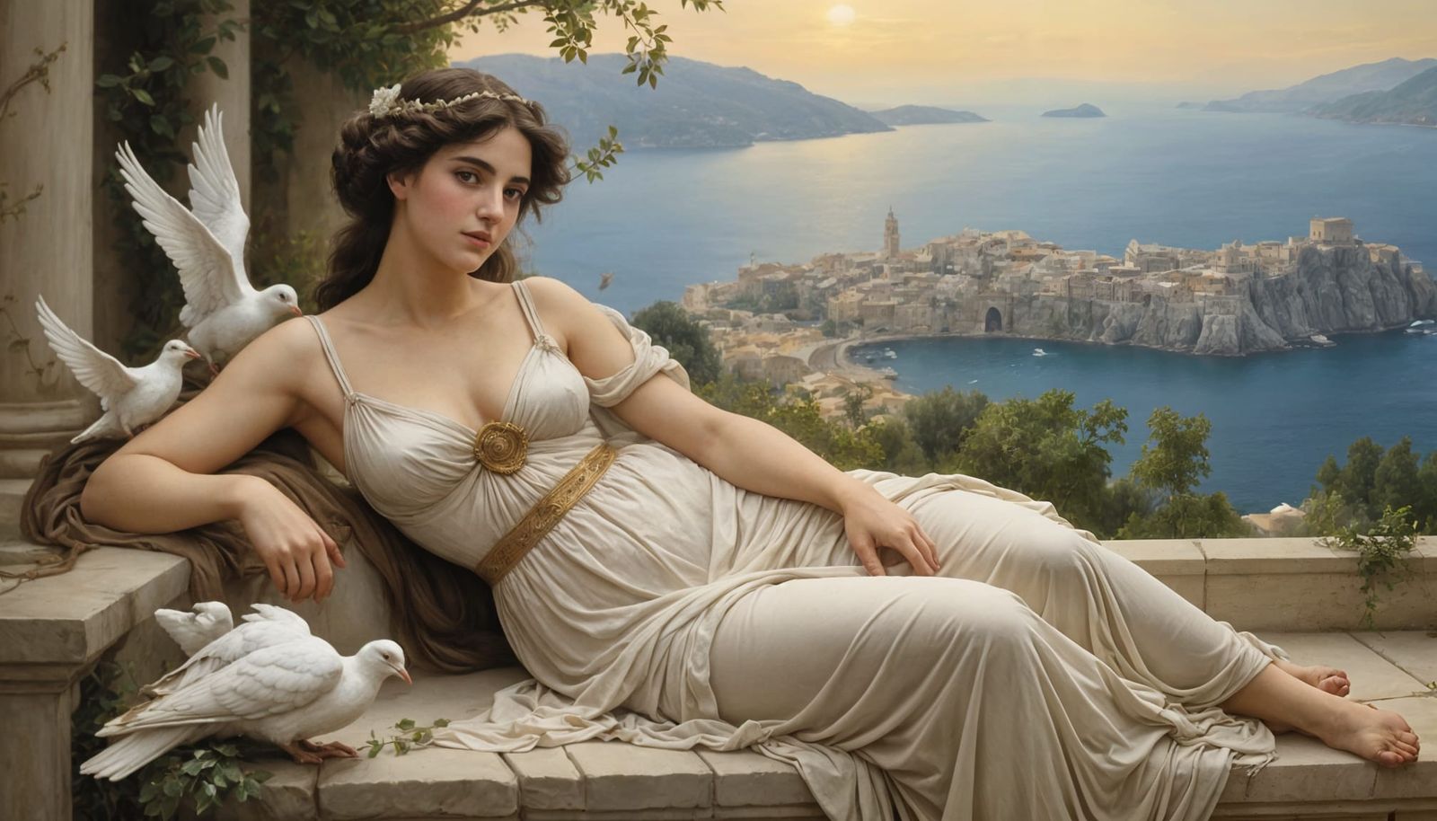 Classical Italian Artwork of a Brunette Woman with Doves