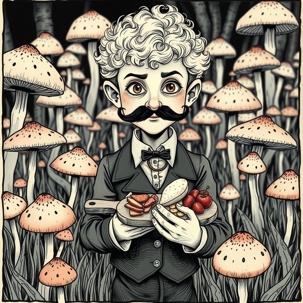 Ethereal Gentleman Amidst Whimsical Mushrooms