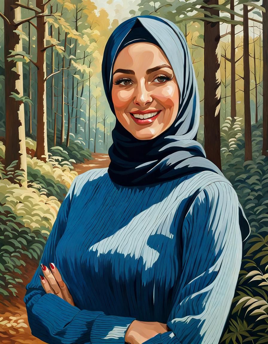 Smiling Woman in Forest, Oil Painting Portrait