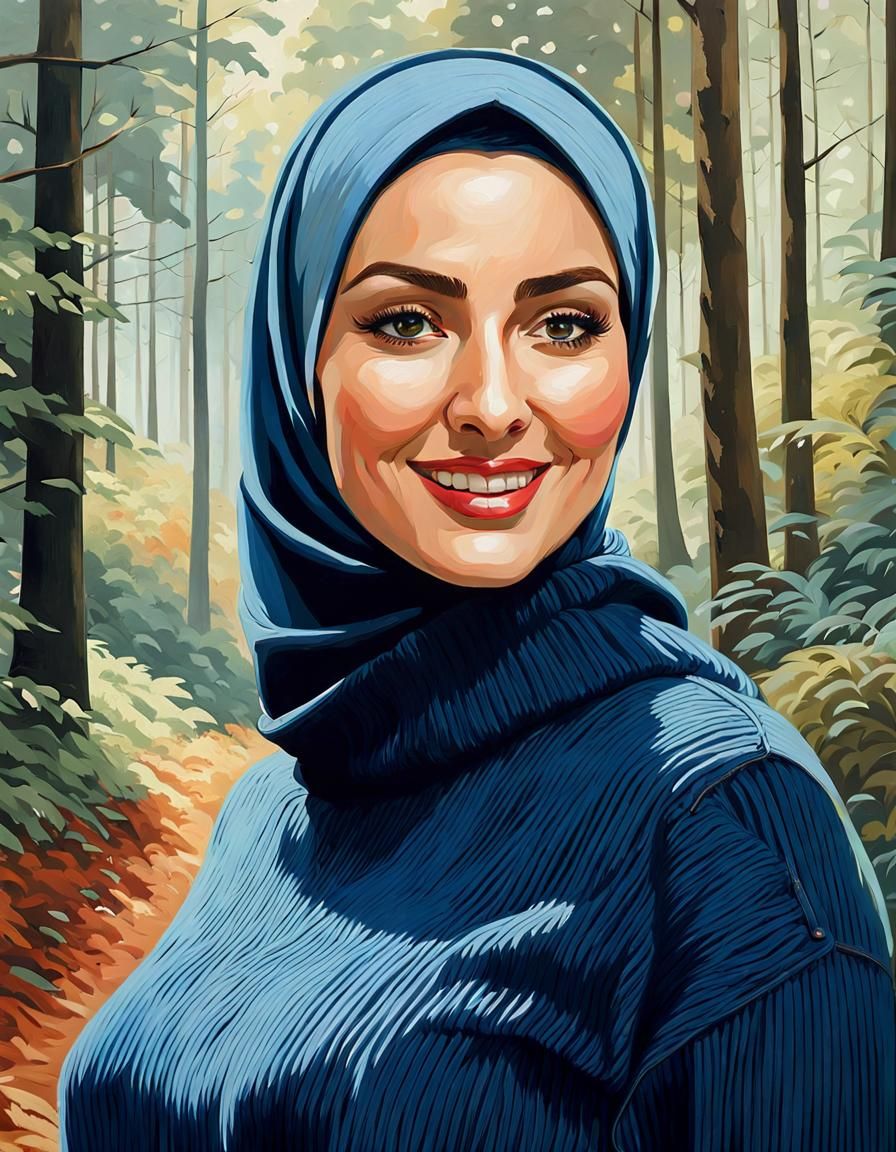 Young Woman in Hijab Portrait in Forest, Oil Painting