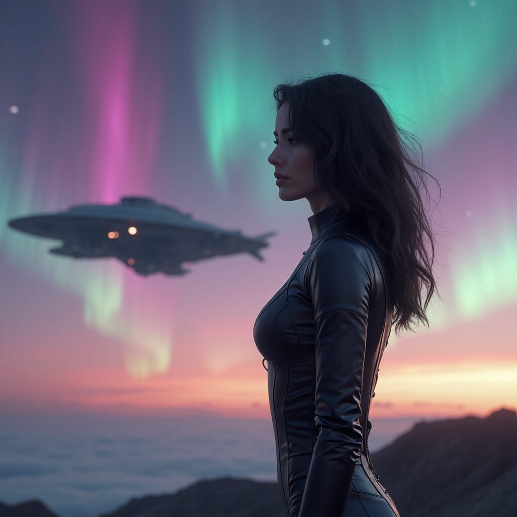 Futuristic Woman with Starship, in Digital Art Style