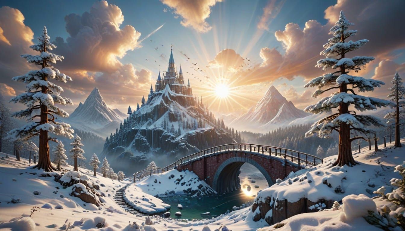 Surreal Winter Wonderland with Fractal Clouds and Lego Bridg...