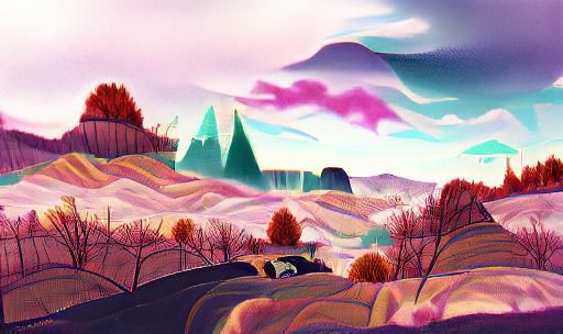 Vibrant Cartoon Landscape Vista in Gouache Style