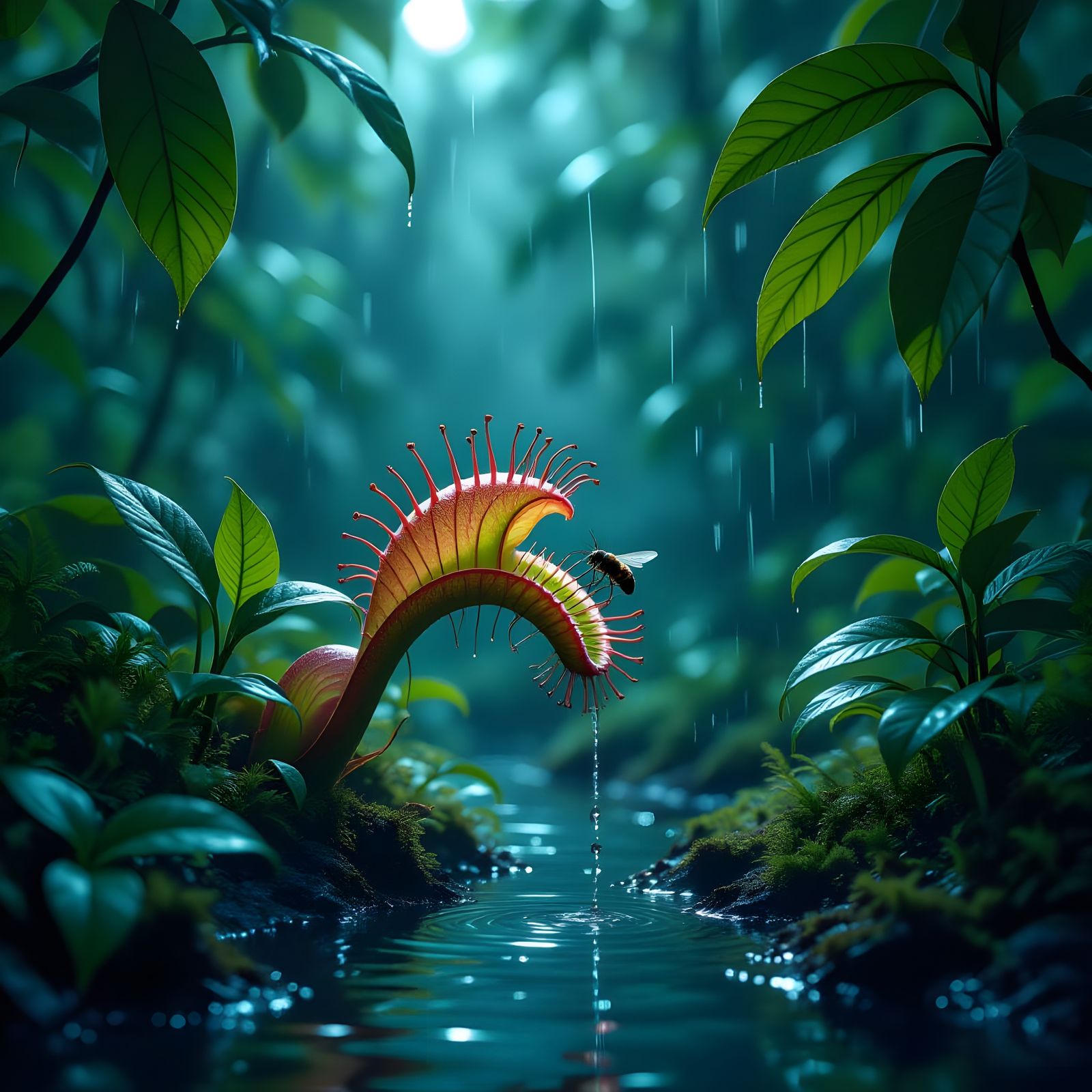Carnivorous Plant Devours Fly in Moonlit Rainforest