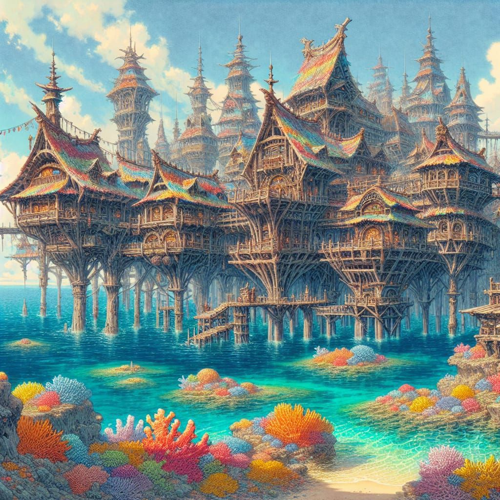 Fantasy Fishing Village on Stilts: Anime Watercolor