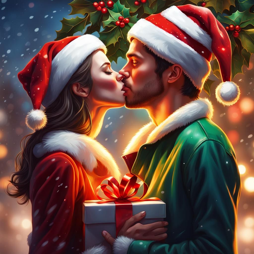 Young Couple Kissing Under Mistletoe in Splash Art