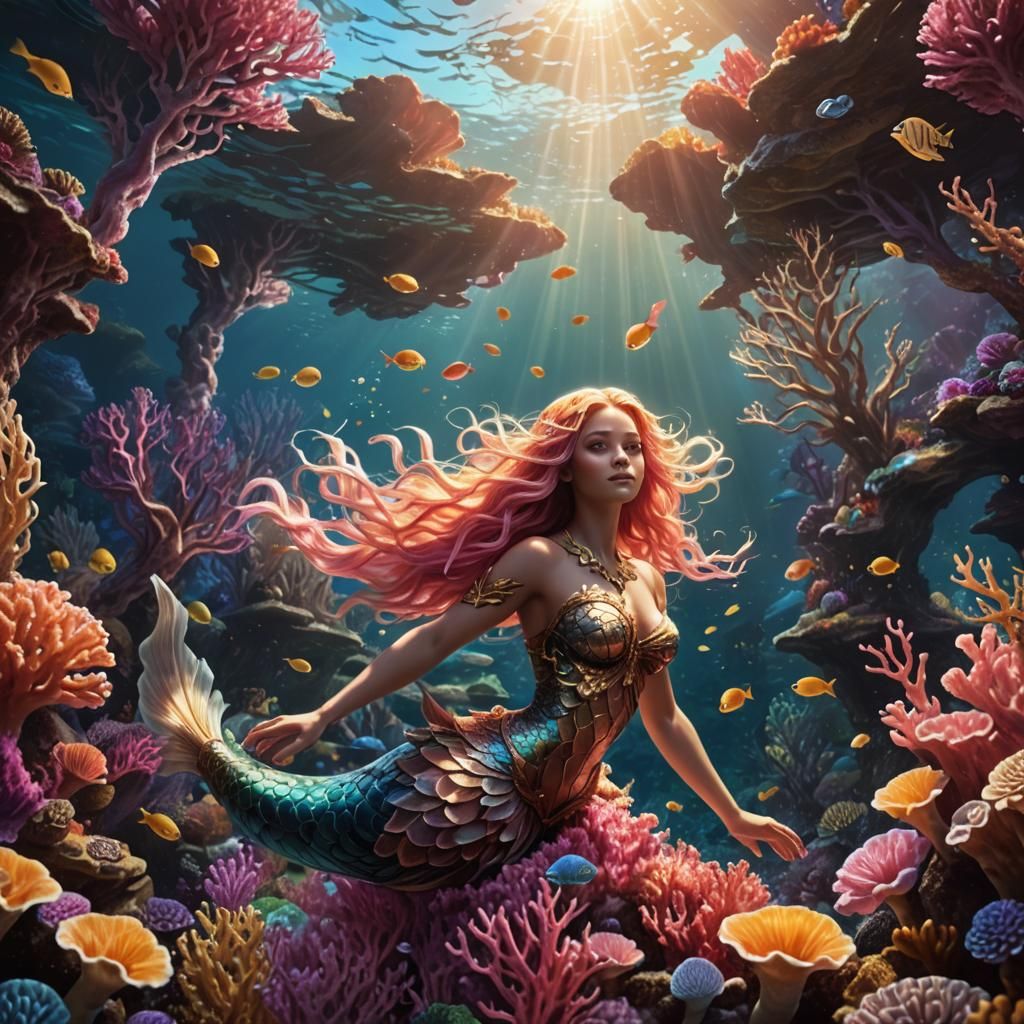 Siren in Coral Reef: Fantasy Art Nouveau Illustration