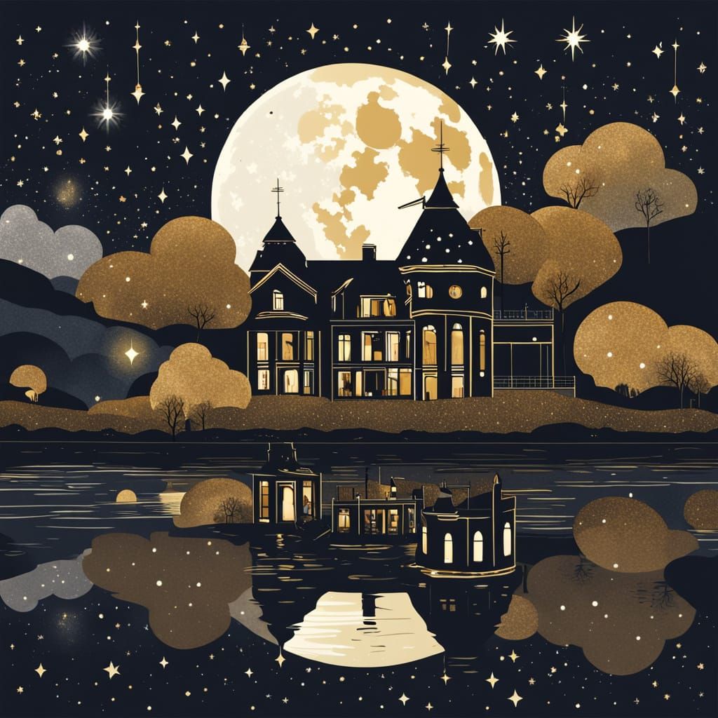 Lake with Cliffs and Houses Under Starry Sky