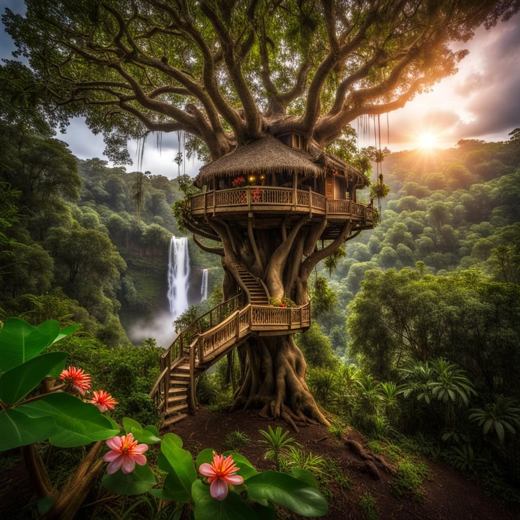 Fantasy Treehouse in Rainforest with Waterfall