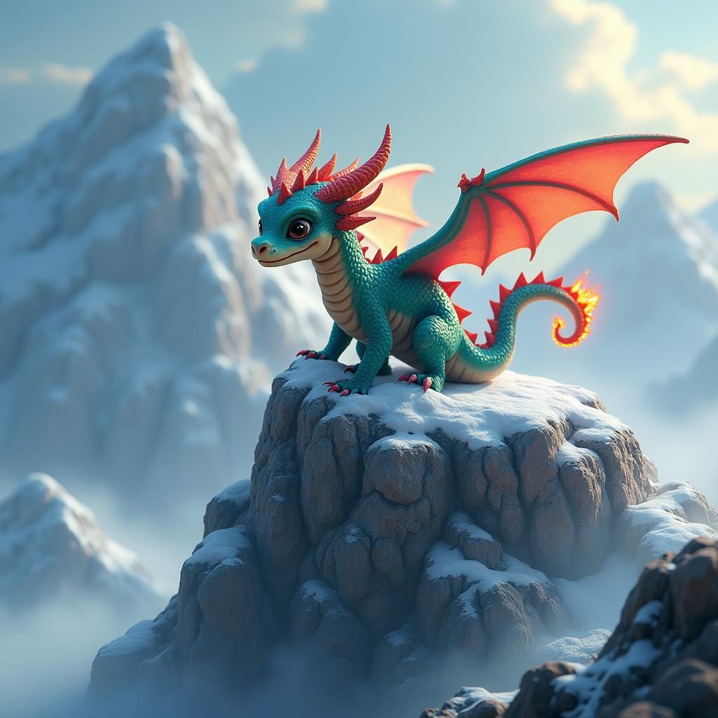 Iridescent Baby Dragon on Misty Mountain Top