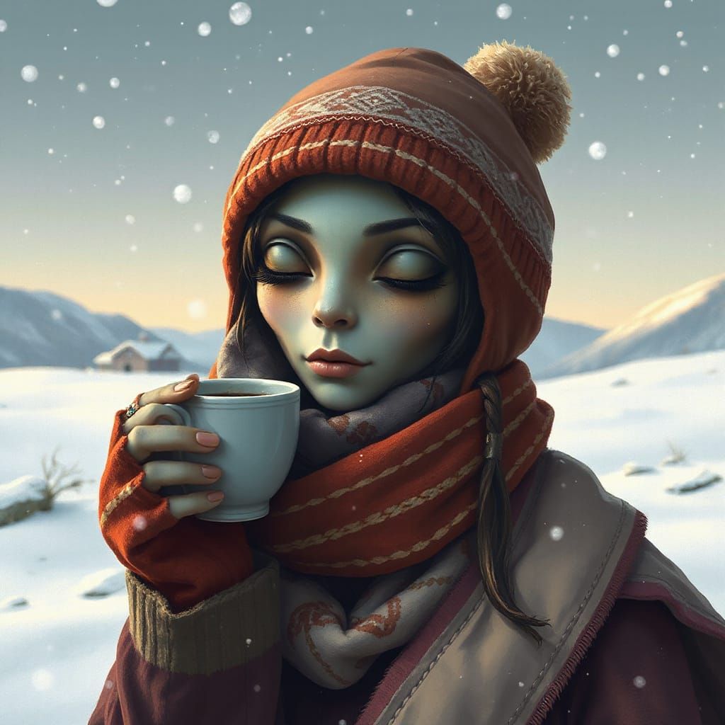 Alien Woman Enjoys Coffee in Winter Landscape