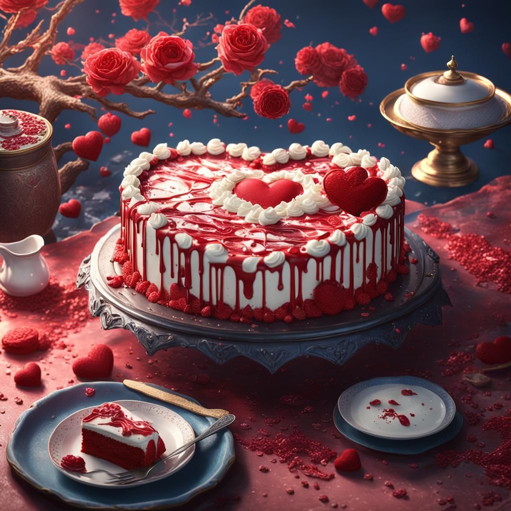 Korean Red Velvet Cake Dessert, Detailed Digital Painting