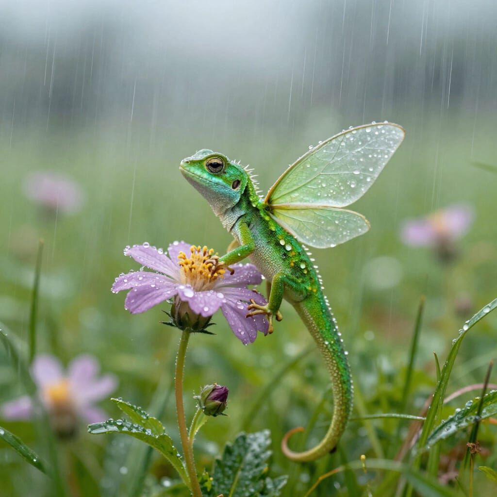 Fantasy Lizard With Leaf Wings On Flower In Rainy Meadow