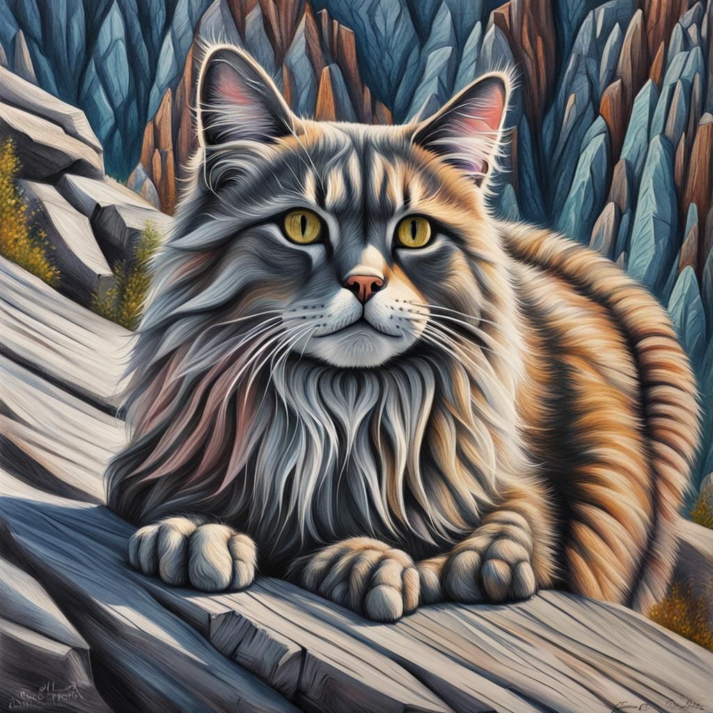 Hand-Carved Wooden Cat in Mountain Landscape