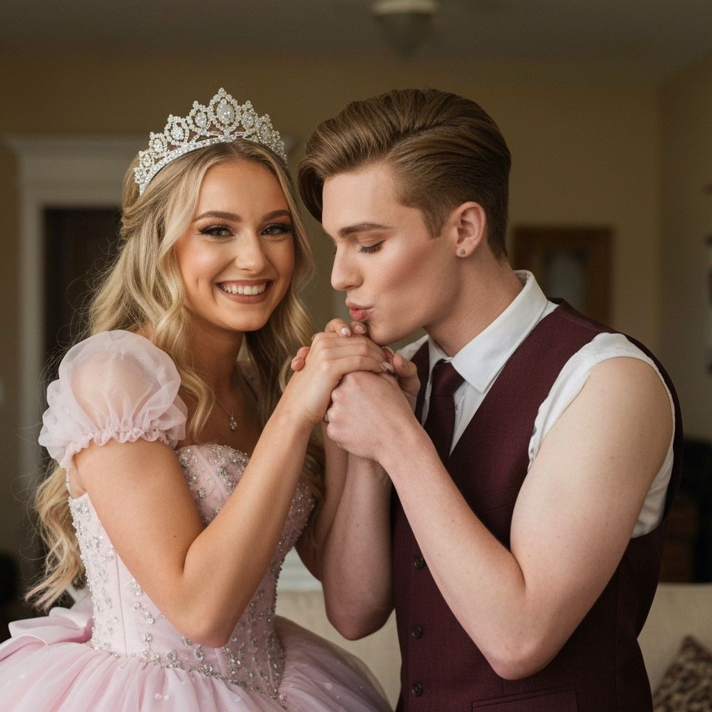 Young Woman in Quinceanera Dress Exchanging Hand Kiss